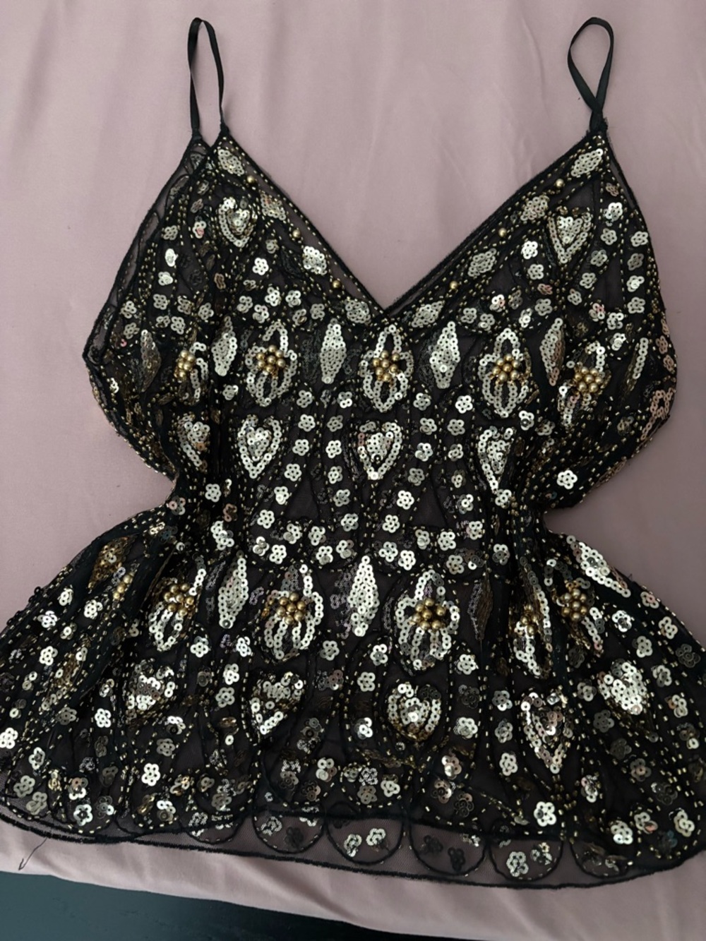 Black Sequin Beaded Spaghetti Strap Top